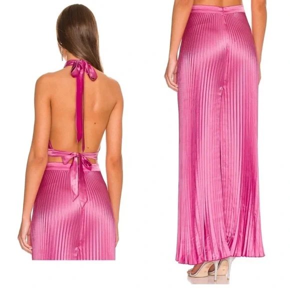 NWT L'idee Elegant Hot Pink Pleated Wide Leg Pant + Halter Top Set